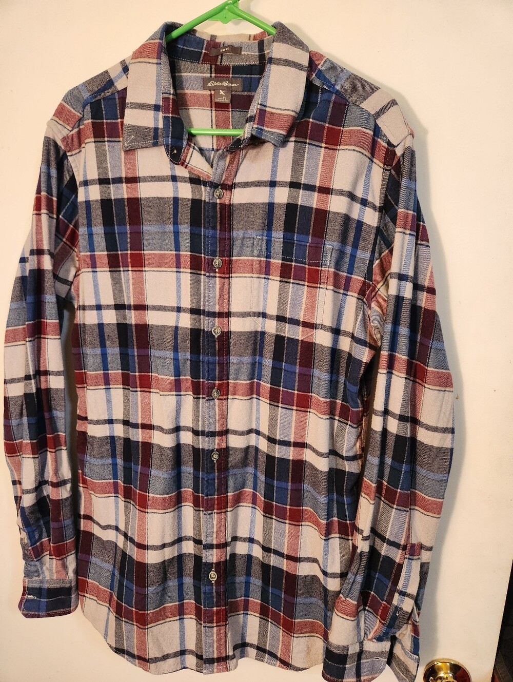 Eddie Bauer Men's Plaid Button-Down Shirt - Blue, Red & White, Tall Slim Fit